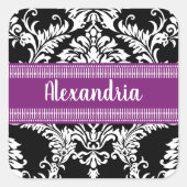 Elegant Black en White Damask met Paarse accenten Vierkante Sticker (Voorkant)