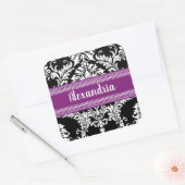 Elegant Black en White Damask met Paarse accenten Vierkante Sticker (Envelop)