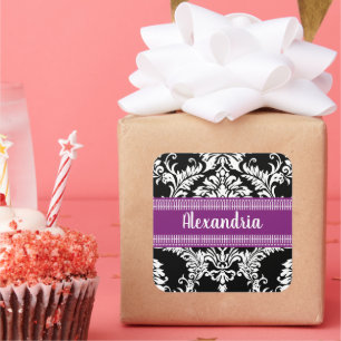 Elegant Black en White Damask met Paarse accenten Vierkante Sticker