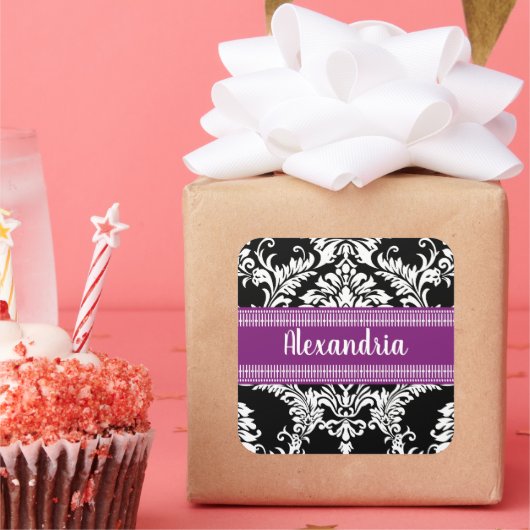 Elegant Black en White Damask met Paarse accenten Vierkante Sticker (Feest)