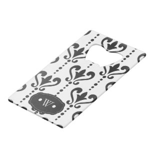 Elegant Black en White Damask Monogram Creditkaart Flessenopener