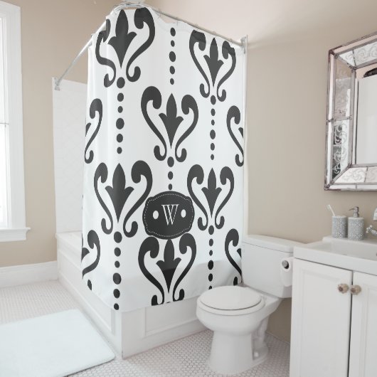 Elegant Black en White Damask Monogram Douchegordijn (In situ)
