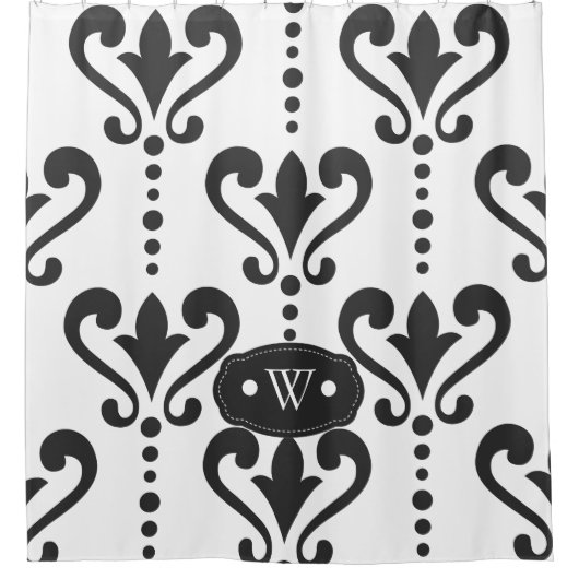 Elegant Black en White Damask Monogram Douchegordijn (Voorkant)