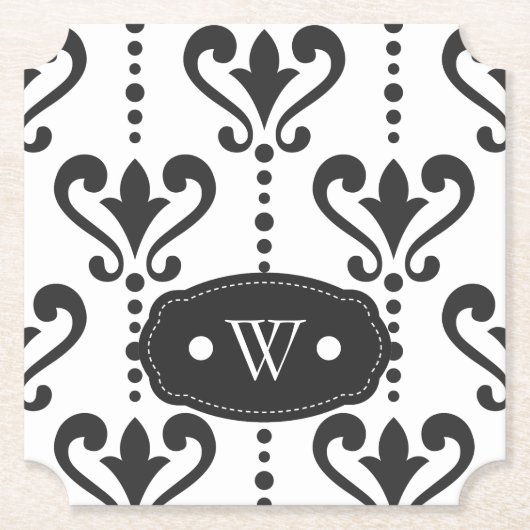 Elegant Black en White Damask Monogram Kartonnen Onderzetters (Voorkant)