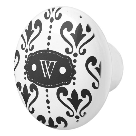 Elegant Black en White Damask Monogram Keramische Knop (Rechts)