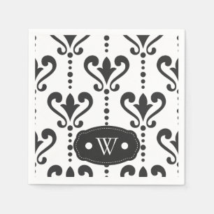 Elegant Black en White Damask Monogram Servet
