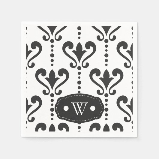 Elegant Black en White Damask Monogram Servet (Voorkant)