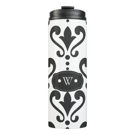 Elegant Black en White Damask Monogram Thermosbeker (Voorkant)