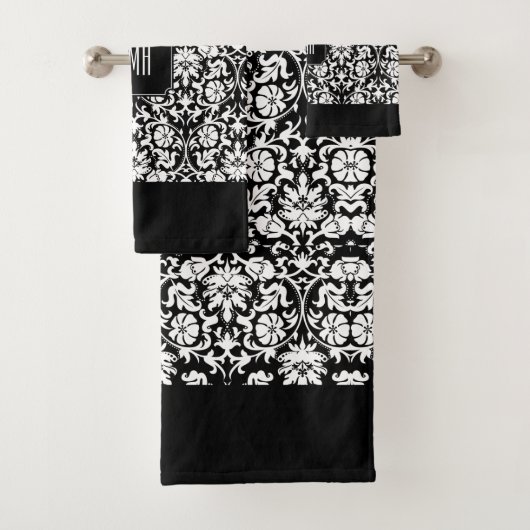 Elegant Black en White Damask Patronen Bad Handdoek (Insitu)