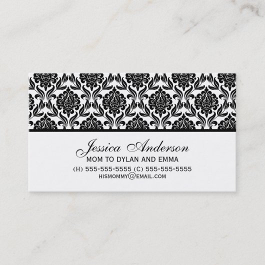 Elegant Black en White Damask Pattern Contactkaartje (Voorkant)