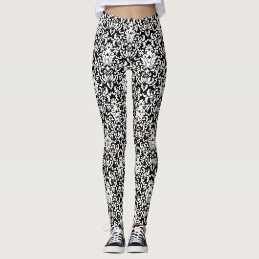 Elegant Black en White Damask Pattern Leggings (Voorkant)