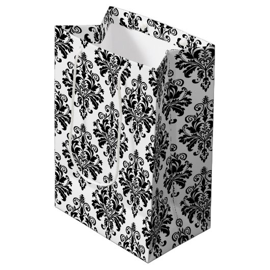Elegant Black en White Damask Pattern Medium Cadeauzakje (Voorkant Gekanteld)
