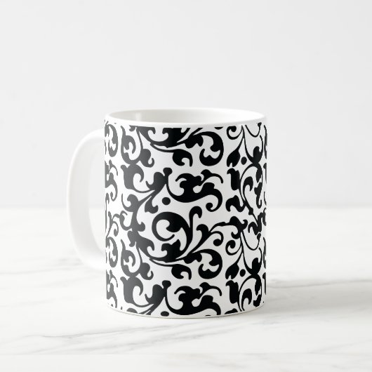 Elegant Black en White Damask Swirls Koffiemok (Voorkant links)