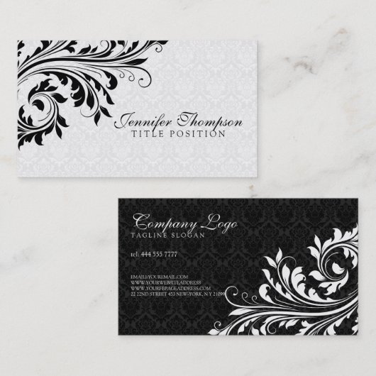 Elegant Black en White Damask Visitekaartje (Voorkant / Achterkant)