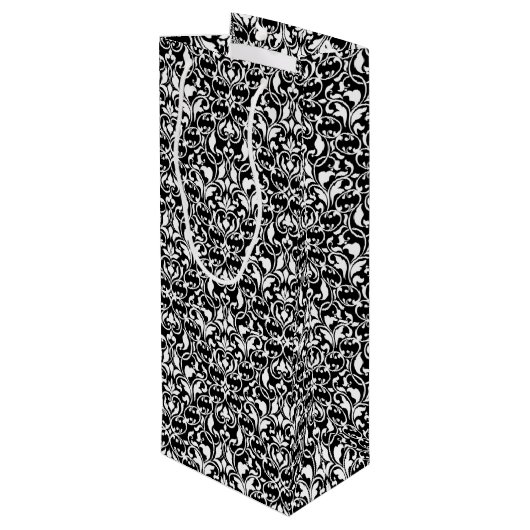 Elegant Black en White Damask Wijn Cadeautas (Achterkant Gekanteld)