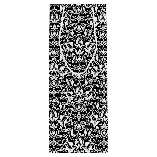 Elegant Black en White Damask Wijn Cadeautas (Achterkant)