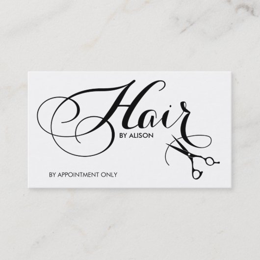 Elegant Black en White Fancy Script Hair Stylist Visitekaartje (Voorkant)