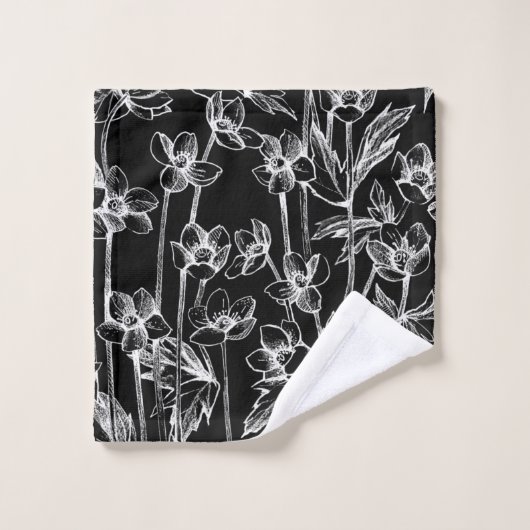 Elegant Black en White Floral Bad Handdoek (Wasdoekje)