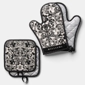 Elegant Black en White Floral Damask Pattern Ovenwant & Pannenlap Set (Voorkant / Achterkant)