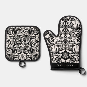 Elegant Black en White Floral Damask Pattern Ovenwant & Pannenlap Set