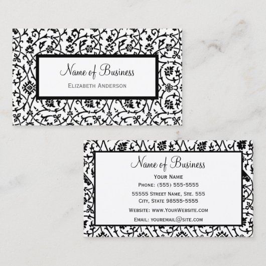 Elegant Black en White Floral Damask Pattern Visitekaartje (Voorkant / Achterkant)