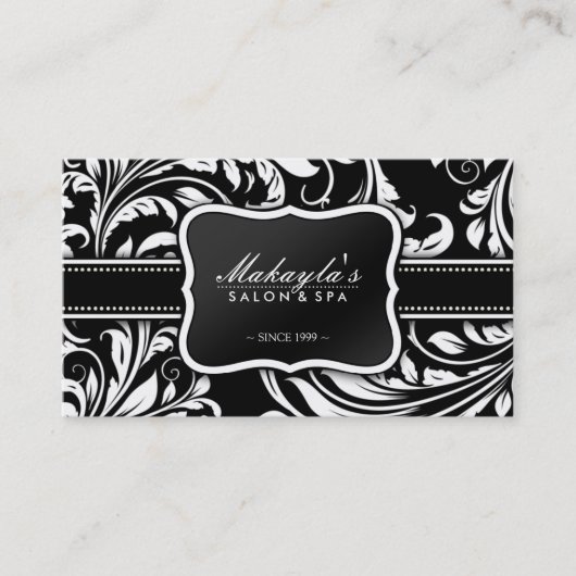 Elegant Black en White Floral Damask Salon Visitekaartje (Voorkant)