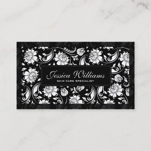 Elegant Black en White Floral Damaskers Visitekaartje (Voorkant)
