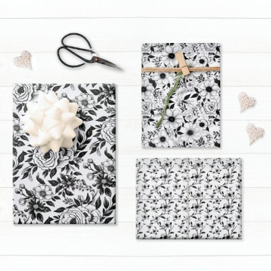 Elegant Black en White Floral Inpakpapier Vel
