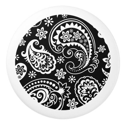 Elegant Black en White Floral Paisley Keramische Knop (Voorkant)