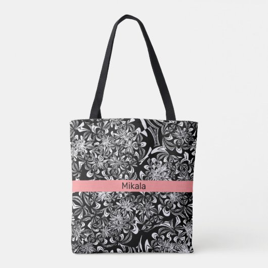 Elegant Black en White Floral Tote Bag (Achterkant)