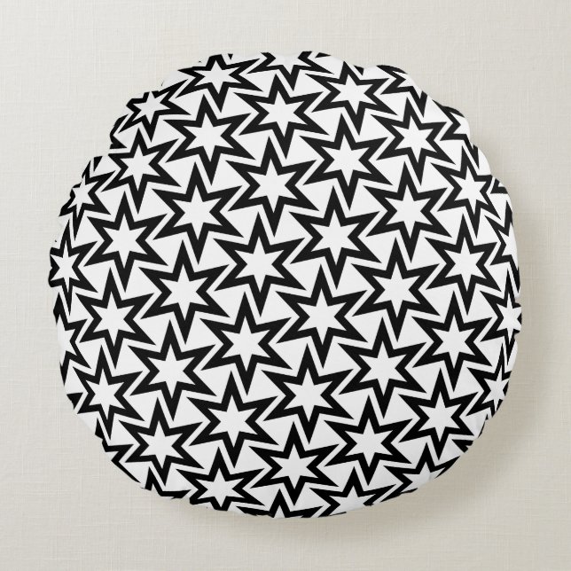 Elegant Black en White Geometric Star Pattern Rond Kussen (Voorkant)