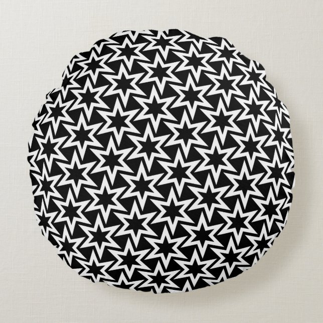 Elegant Black en White Geometric Star Pattern Rond Kussen (Voorkant)