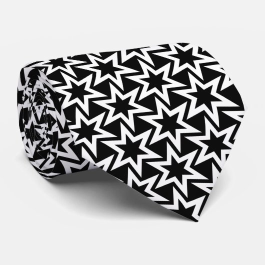 Elegant Black en White Geometric Star Pattern Stropdas (Opgerold)