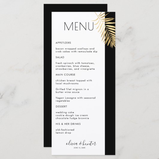 Elegant Black en White Gold Leaf Dinner Menu (Voorkant / Achterkant)