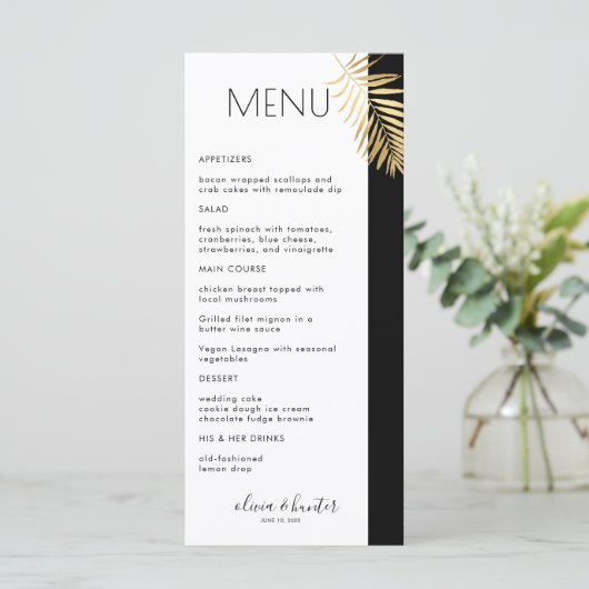 Elegant Black en White Gold Leaf Dinner Menu (Staand voorkant)