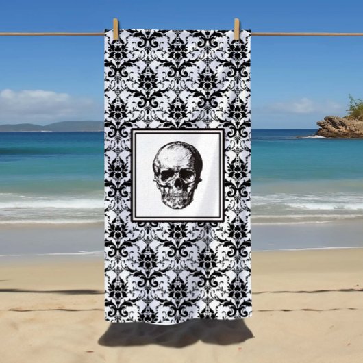 Elegant Black en White Gothic Damask Skull Strandlaken