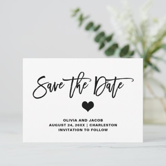Elegant Black en White Heart Save The Date (Staand voorkant)