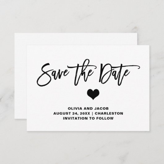 Elegant Black en White Heart Save The Date (Voorkant / Achterkant)