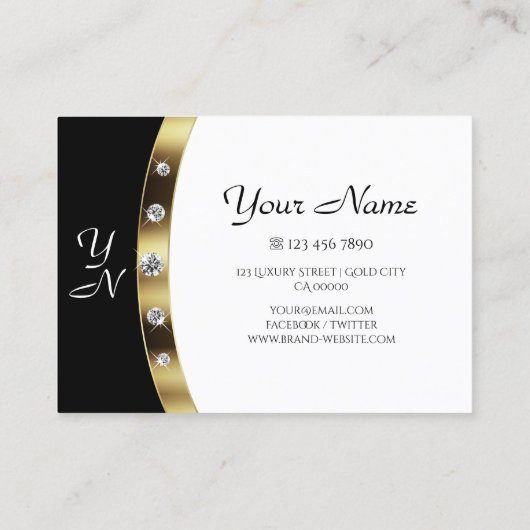 Elegant Black en White Initialen Faux Rhinestones Visitekaartje (Achterkant)