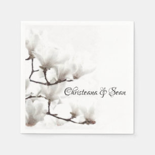 Elegant Black en White Magnolia Floral Waterverf Servet