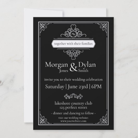 Elegant Black en White Modern Scroll Work Wedding Kaart (Voorkant)