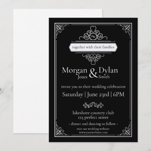 Elegant Black en White Modern Scroll Work Wedding Kaart (Voorkant / Achterkant)