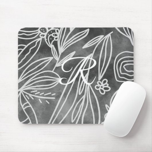 Elegant Black en White Monogram Leaves Tekening Muismat (Met muis)