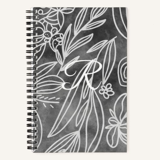 Elegant Black en White Monogram Leaves Tekening Notitieboek (Voorkant)