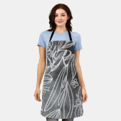 Elegant Black en White Monogram Leaves Tekening Schort (Gedragen)