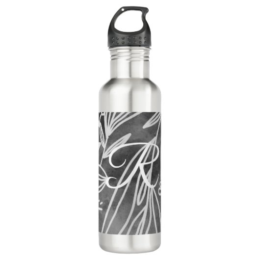 Elegant Black en White Monogram Leaves Tekening Waterfles (Voorkant)