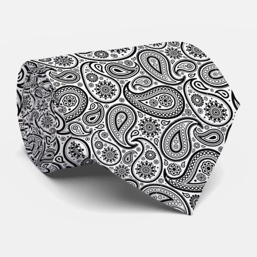 Elegant Black en White  Paisley Stropdas (Opgerold)