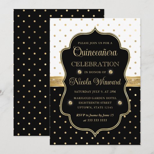 Elegant Black en White Polka Dots Quinceanera Kaart (Voorkant / Achterkant)