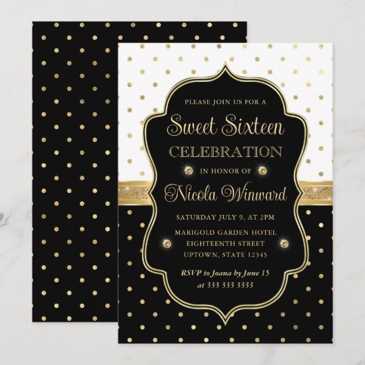 Elegant Black en White Polka Dots Sweet Sixteen Kaart (Voorkant / Achterkant)
