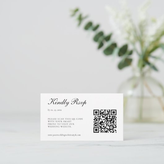 Elegant Black en White RSVP QR Code Weddenschap Informatiekaartje (Staand voorkant)